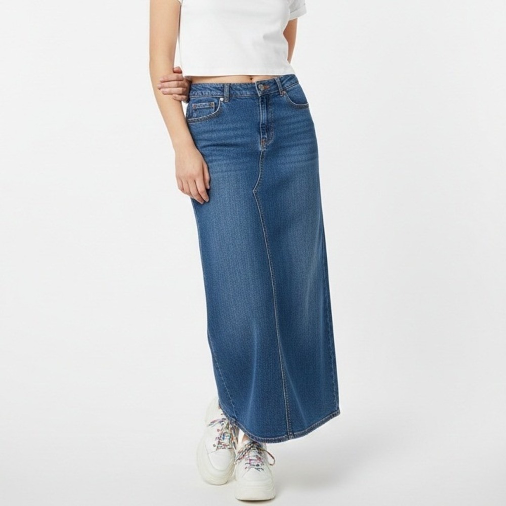 Out Jeans Stretch Denim Maxi Skirt Blue Distressed Pockets Rhinestones Size 10